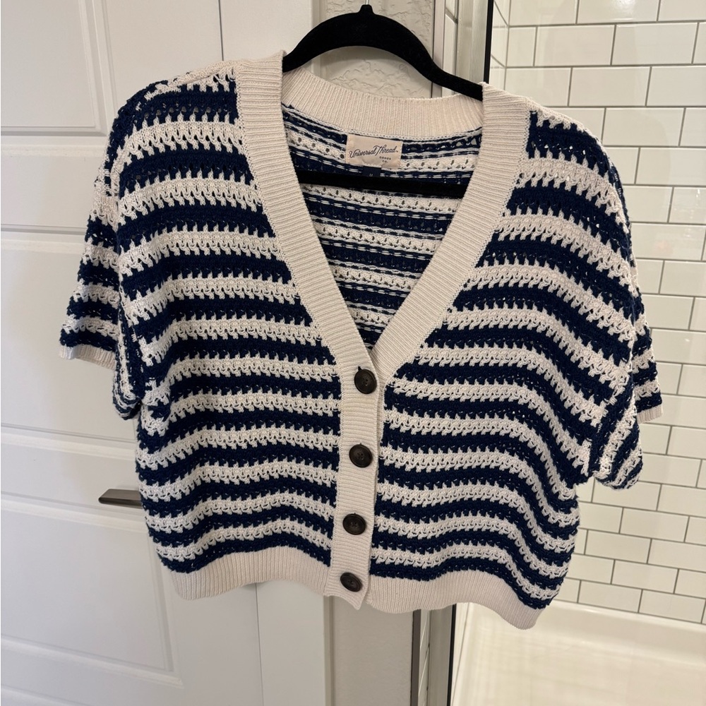 Universal Thread Crochet Striped Navy and White Button-Up